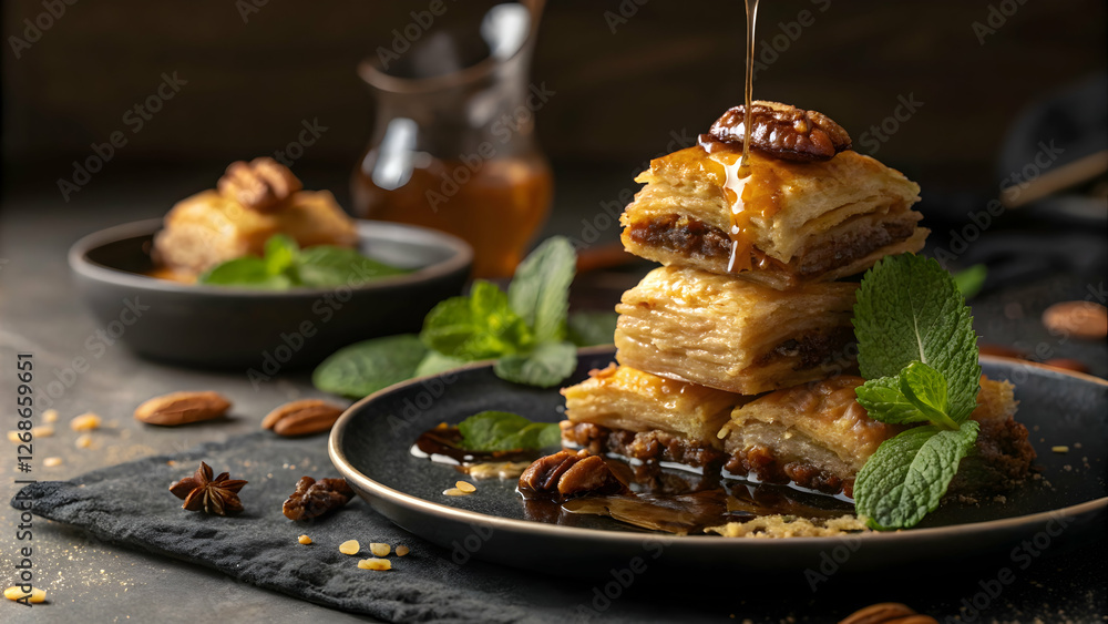 Delicious Baklava Dessert with Honey Drizzle and Mint Garnish Delicious Baklava Dessert with Honey Drizzle and Mint Garnish