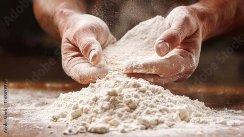 baker hands sifting flour freshly milled wheat flour pile