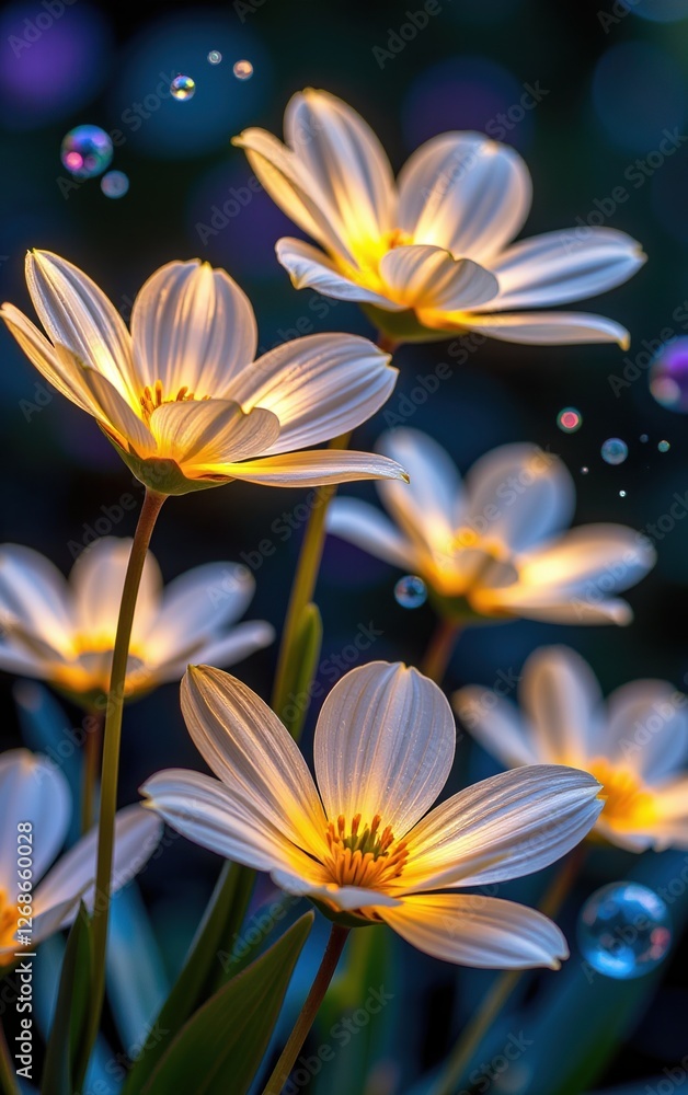 Fototapeta premium A stunning close-up of vibrant, glowing flowers in full bloom, illuminated with soft golden light.