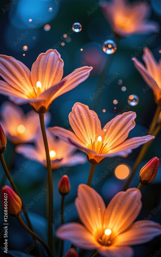 Fototapeta premium A stunning close-up of vibrant, glowing flowers in full bloom, illuminated with soft golden light.