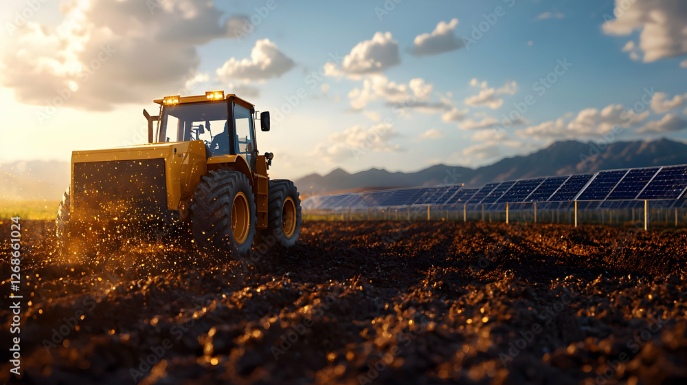 Fototapeta premium Yellow Tractor in a Field at Sunset Near Solar Panels