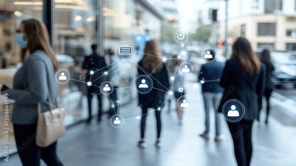 Digital network illustration overlayed on a busy street, depicting modern connectivity and communication. Digital network illustration overlayed on a busy street, depicting modern connectivity and communication.