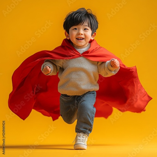 A Joyful Toddler Superhero in Flight: Embracing Childhood Dreams and Imagination on a Vibrant Yellow Background