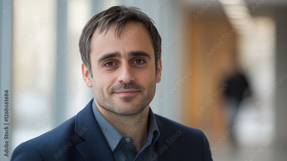 Fototapeta premium A focused businessman in a navy blazer exudes professionalism and determination.
