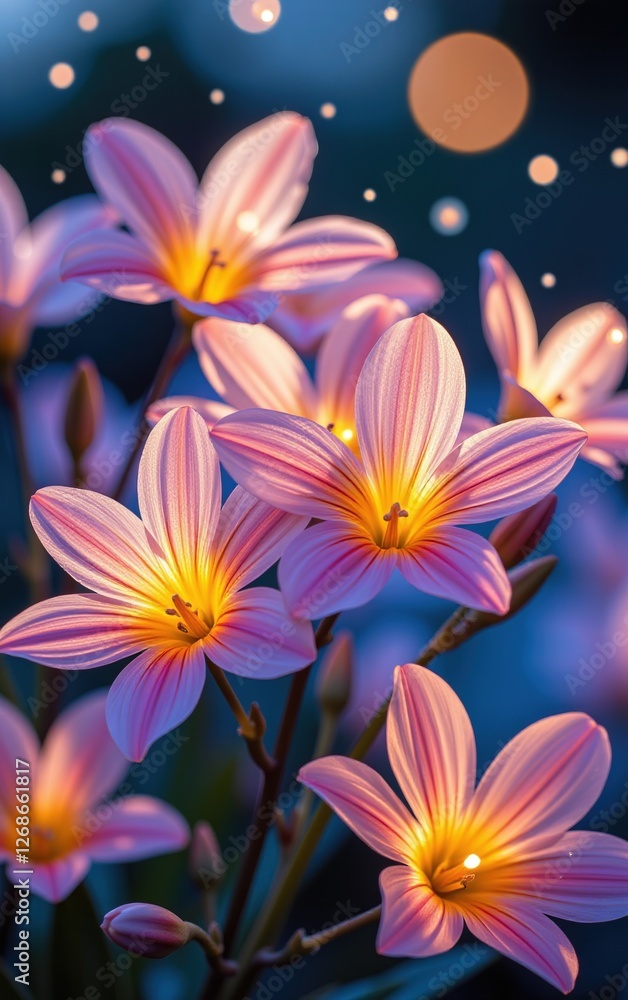 A stunning close-up of vibrant, glowing flowers in full bloom, illuminated with soft golden light. A stunning close-up of vibrant, glowing flowers in full bloom, illuminated with soft golden light.