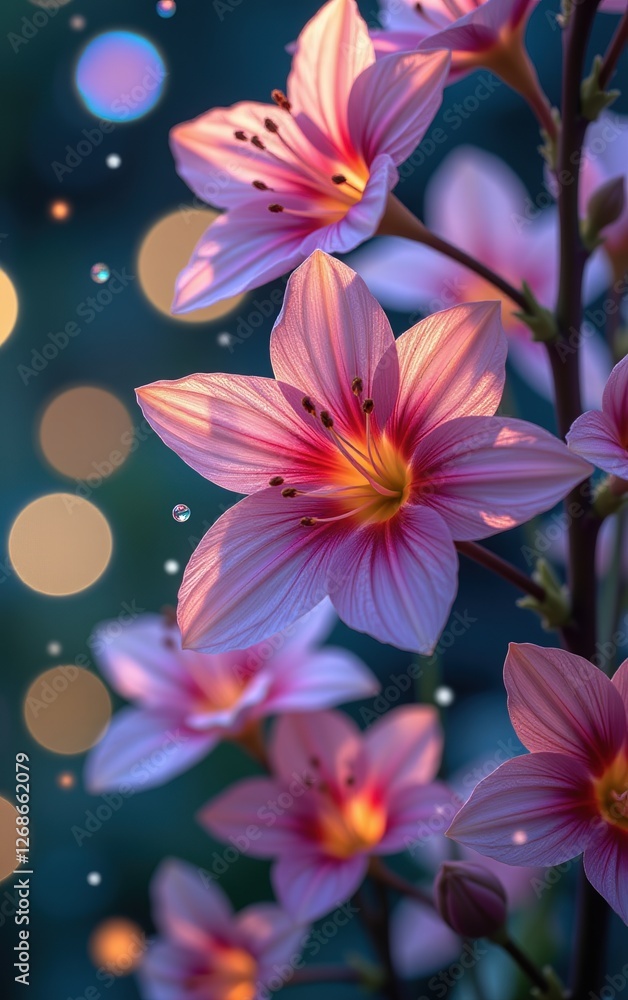 A stunning close-up of vibrant, glowing flowers in full bloom, illuminated with soft golden light.
