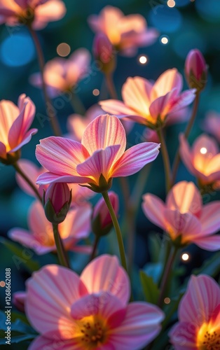 A stunning close-up of vibrant, glowing flowers in full bloom, illuminated with soft golden light.