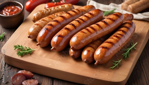 Grilled sausages on a wooden cutting board