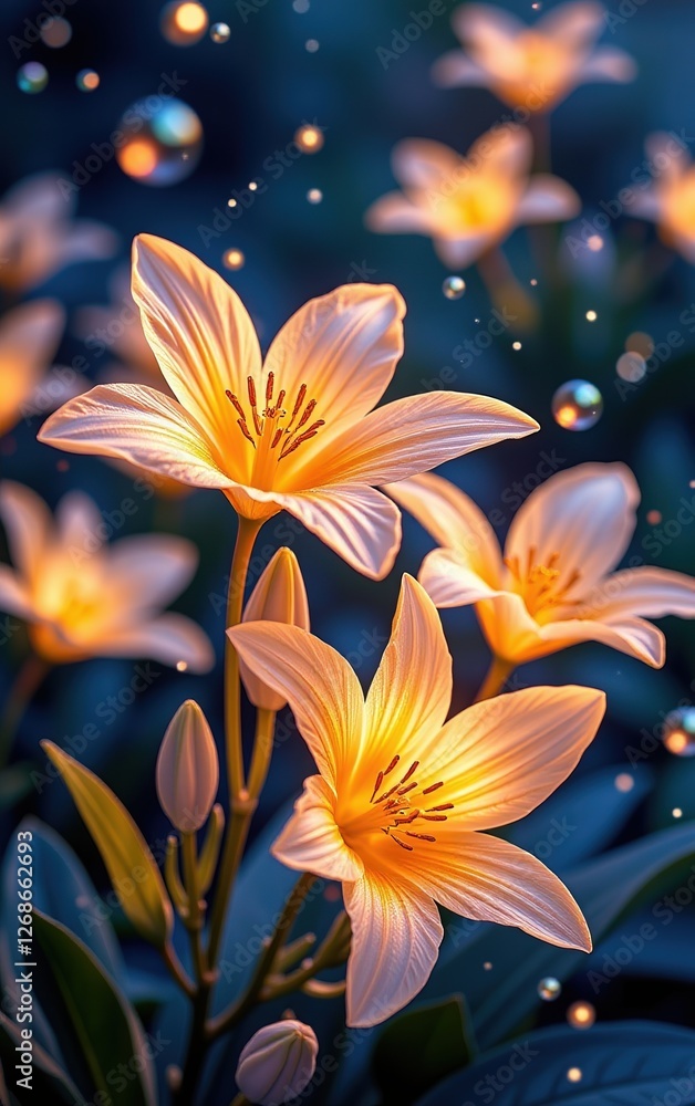 Fototapeta premium A stunning close-up of vibrant, glowing flowers in full bloom, illuminated with soft golden light.