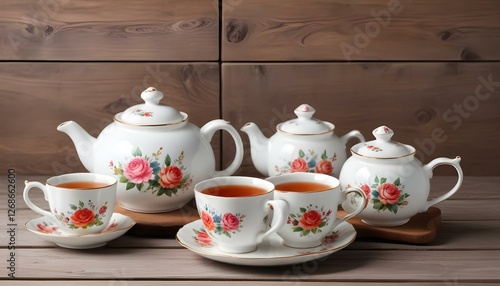 Teapot and Teacups on wooden background