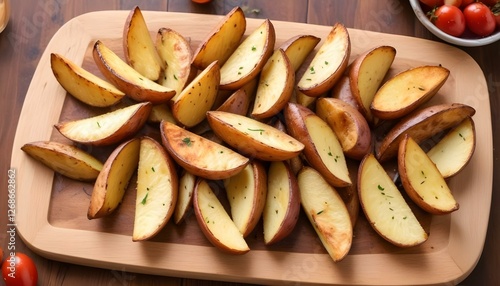 Roasted potato wedges on cutting board