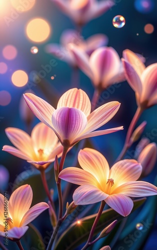 A stunning close-up of vibrant, glowing flowers in full bloom, illuminated with soft golden light.