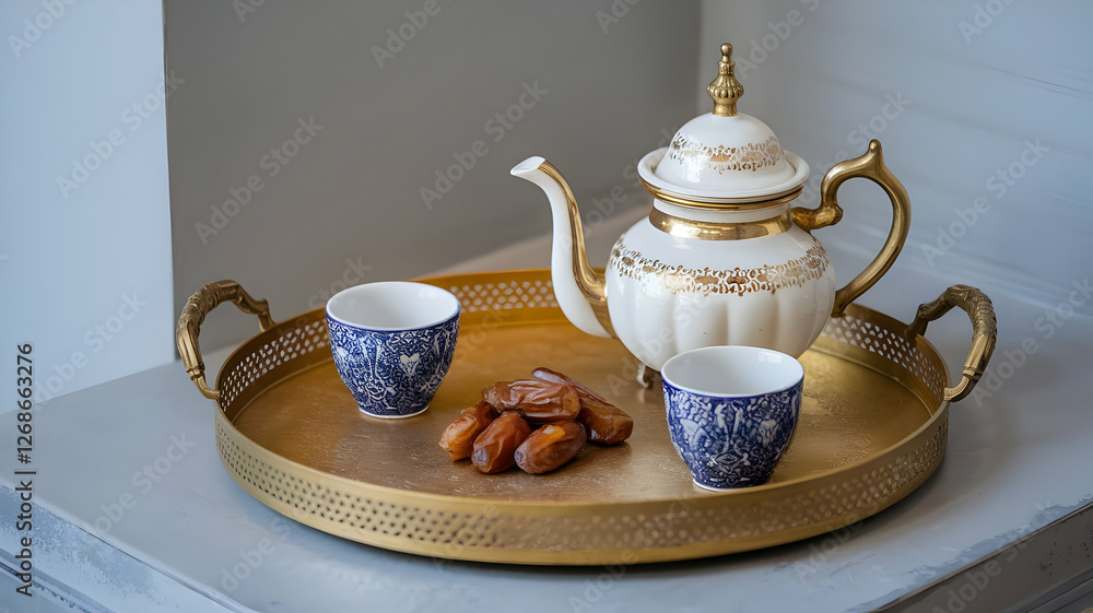 Fototapeta premium Elegant Tea Set with Dates on a Golden Tray