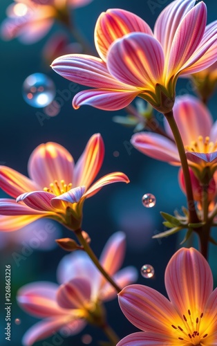 A stunning close-up of vibrant, glowing flowers in full bloom, illuminated with soft golden light.