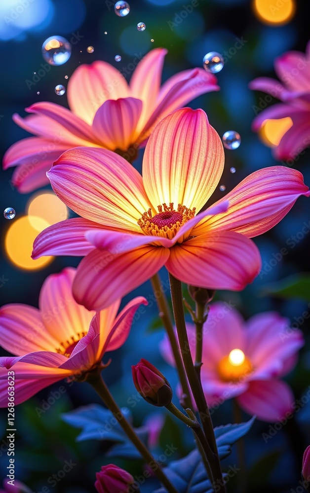 Naklejka premium A stunning close-up of vibrant, glowing flowers in full bloom, illuminated with soft golden light.