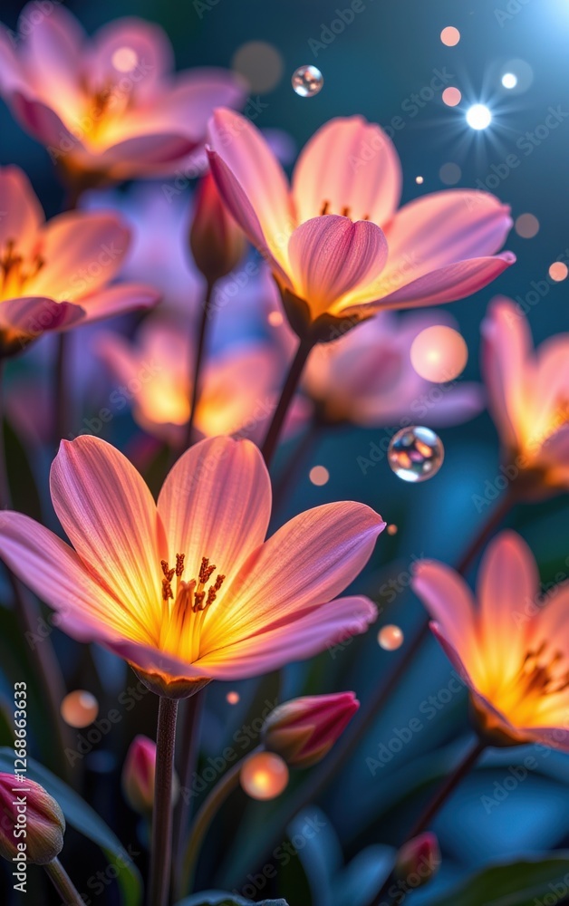 Fototapeta premium A stunning close-up of vibrant, glowing flowers in full bloom, illuminated with soft golden light.