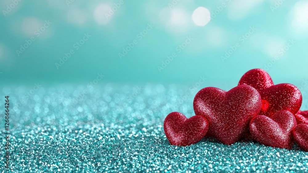 Fototapeta premium Red heart shaped decorations on a teal glitter background. Festive image perfect for Valentine's Day or romantic themes. The soft lighting and bokeh