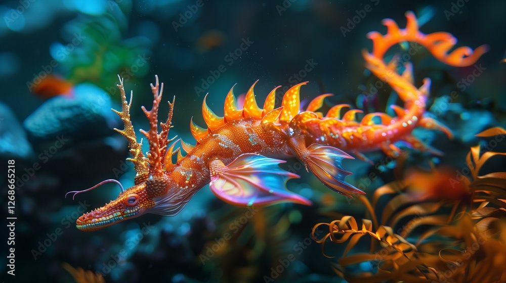 Spectacular Underwater Dragonfish Fantasy Creature in Vibrant Ocean Habitat Spectacular Underwater Dragonfish Fantasy Creature in Vibrant Ocean Habitat