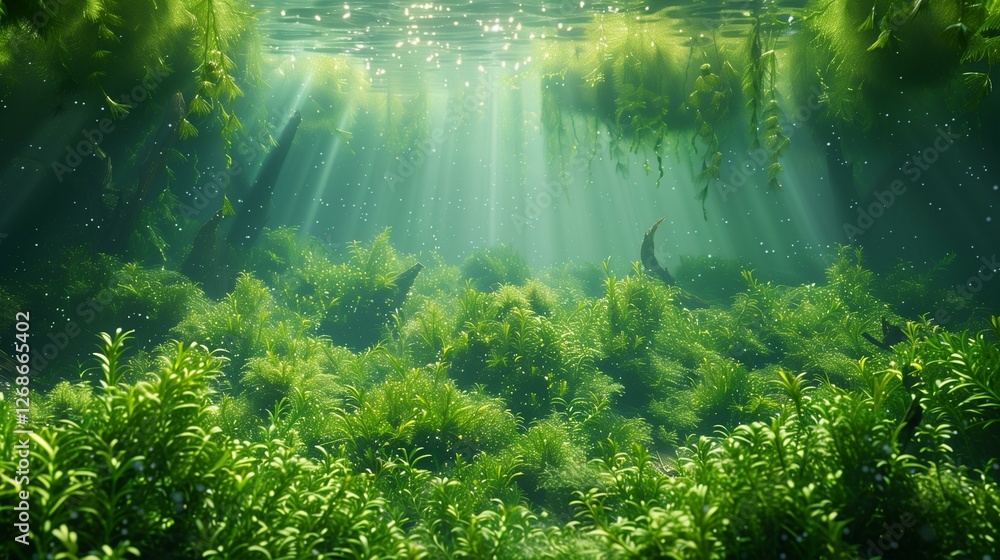 Fototapeta premium Submerged Aquatic Plants in Crystal Clear Water with Sunbeams