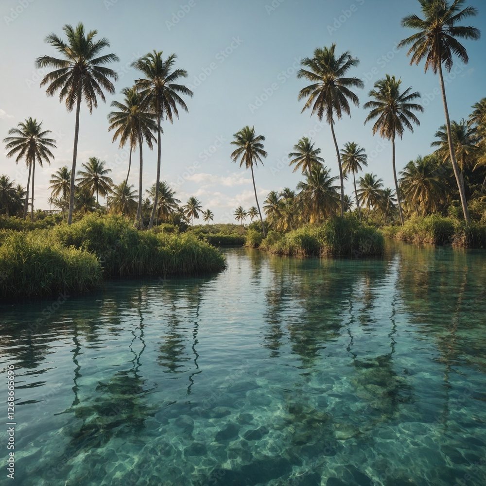 Obraz premium A summer lagoon with palm trees swaying gently in the breeze.
