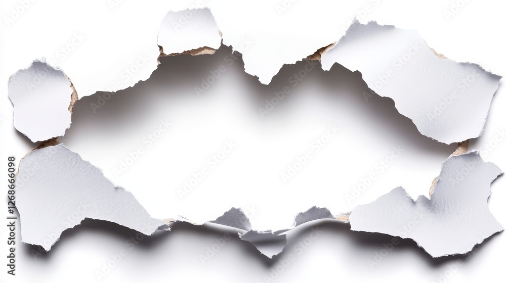 White paper with a ripped hole revealing a white background. The edges of the tear are uneven and show slight textural detail. The overall impression White paper with a ripped hole revealing a white background. The edges of the tear are uneven and show slight textural detail. The overall impression
