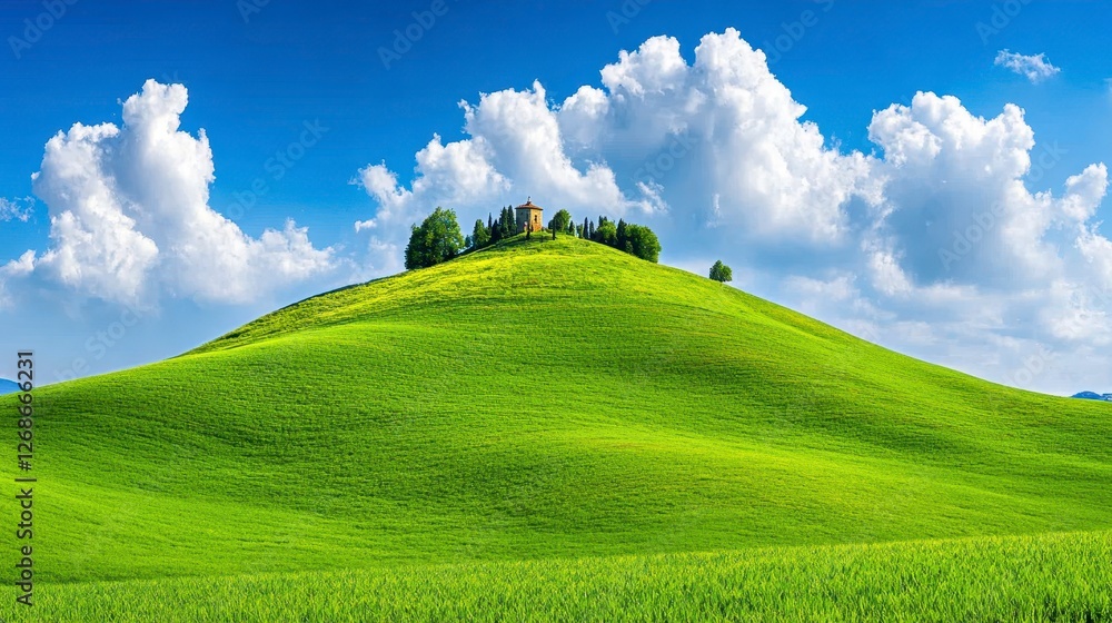 Vibrant green hill under a bright blue sky dotted with fluffy white clouds, a small building nestled on the hilltop, idyllic landscape photo Vibrant green hill under a bright blue sky dotted with fluffy white clouds, a small building nestled on the hilltop, idyllic landscape photo