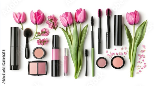 pink tulips and makeup flatlay photo