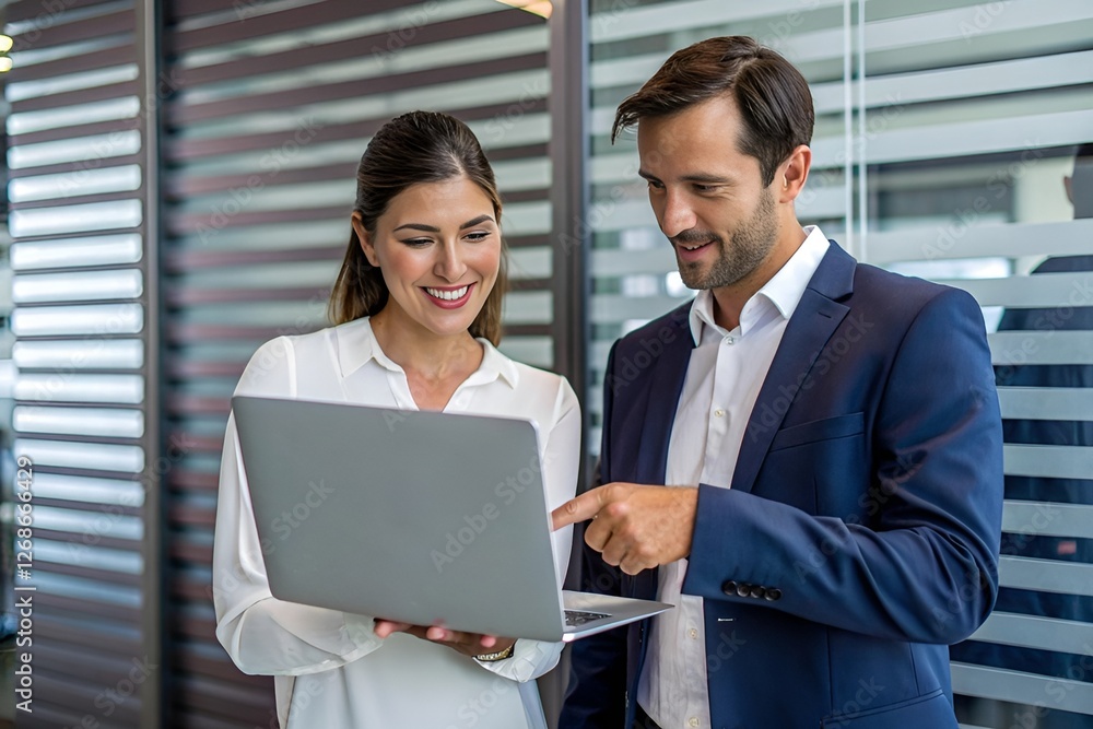 Business professionals collaborating in a modern office with a laptop Business professionals collaborating in a modern office with a laptop