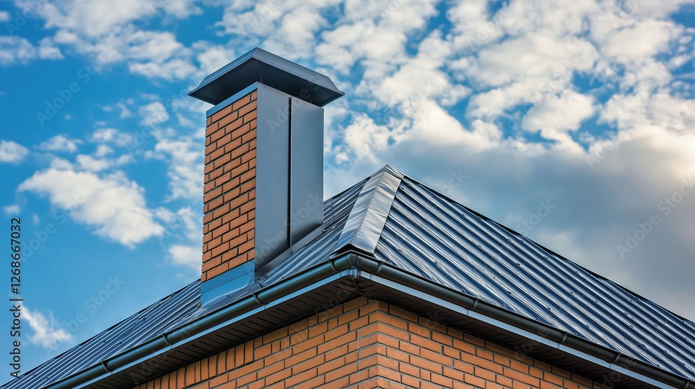 Brick chimney with a metal cap on a modern house roof, concept of home ventilation and energy efficiency Brick chimney with a metal cap on a modern house roof, concept of home ventilation and energy efficiency