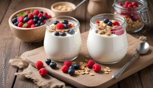 yogurt with muesli and berries on a wooden table