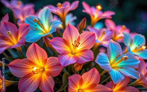 A stunning close-up of vibrant, glowing flowers in full bloom, illuminated with soft golden light.