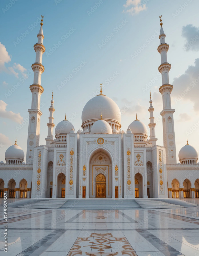 Fototapeta premium Majestic Mosque with Stunning Domes and Minarets Under a Bright Blue Sky
