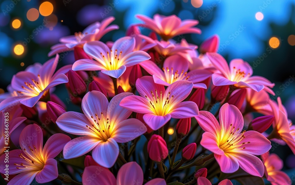 A stunning close-up of vibrant, glowing flowers in full bloom, illuminated with soft golden light. A stunning close-up of vibrant, glowing flowers in full bloom, illuminated with soft golden light.