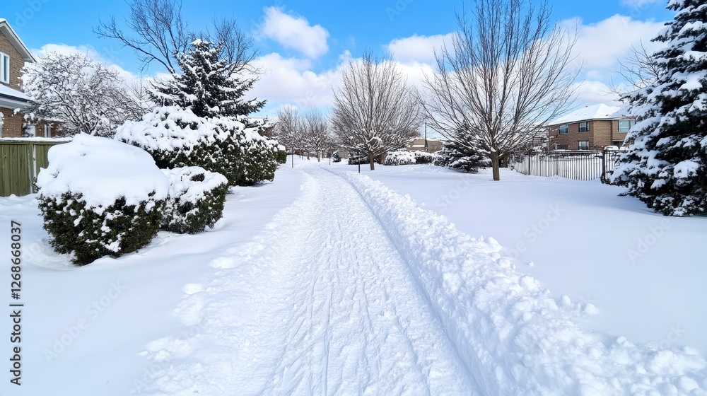 A snowy residential street scene on a bright winter day. A snow covered path is visible between houses and snow laden trees under a partly cloudy A snowy residential street scene on a bright winter day. A snow covered path is visible between houses and snow laden trees under a partly cloudy