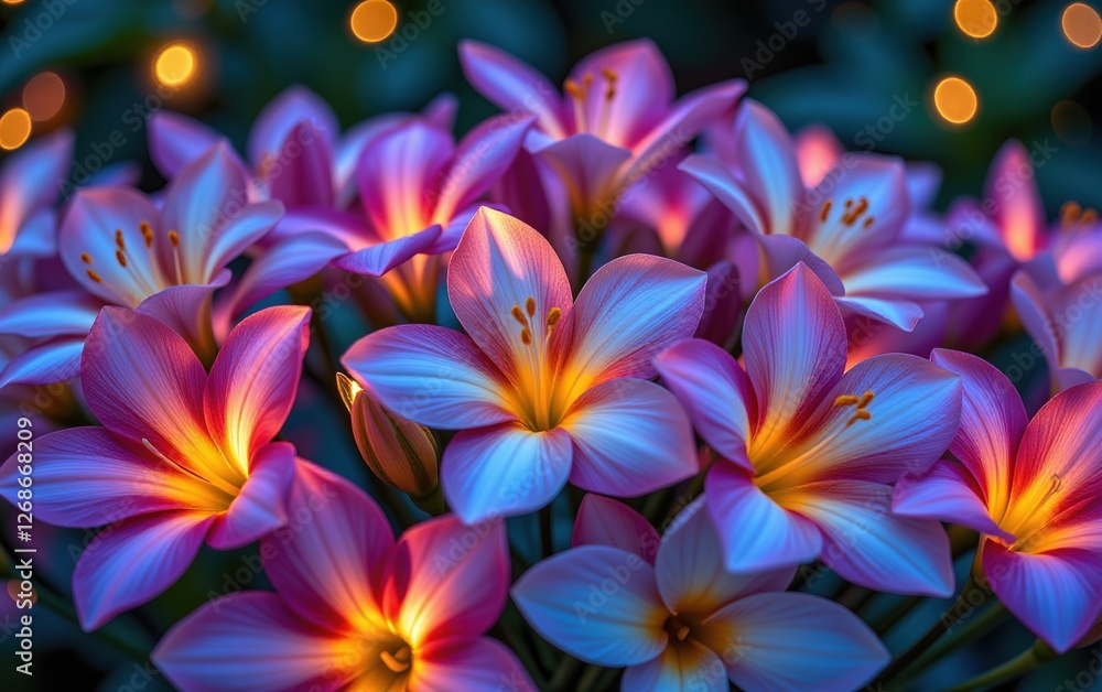 A stunning close-up of vibrant, glowing flowers in full bloom, illuminated with soft golden light. A stunning close-up of vibrant, glowing flowers in full bloom, illuminated with soft golden light.