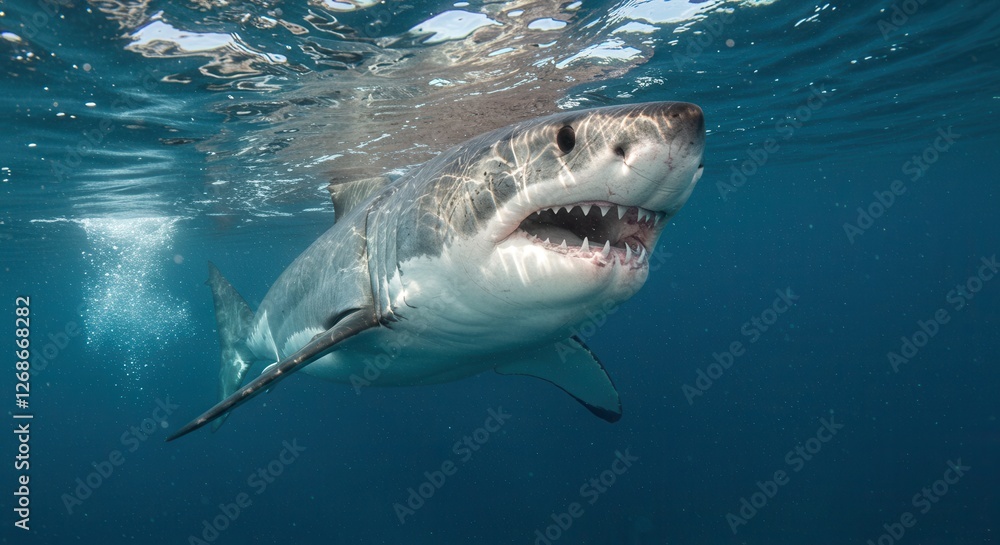 Naklejka premium Great White Shark Swimming Underwater with Mouth Open and Sharp Teeth