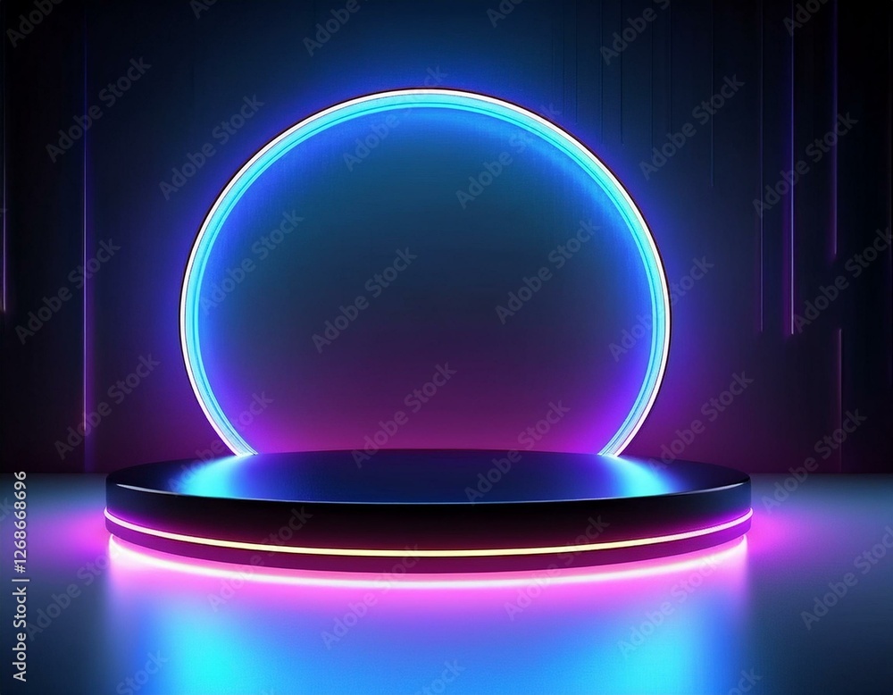A circular neon light frame with blue and pink glowing light surrounding a black podium in a dark background. A circular neon light frame with blue and pink glowing light surrounding a black podium in a dark background.