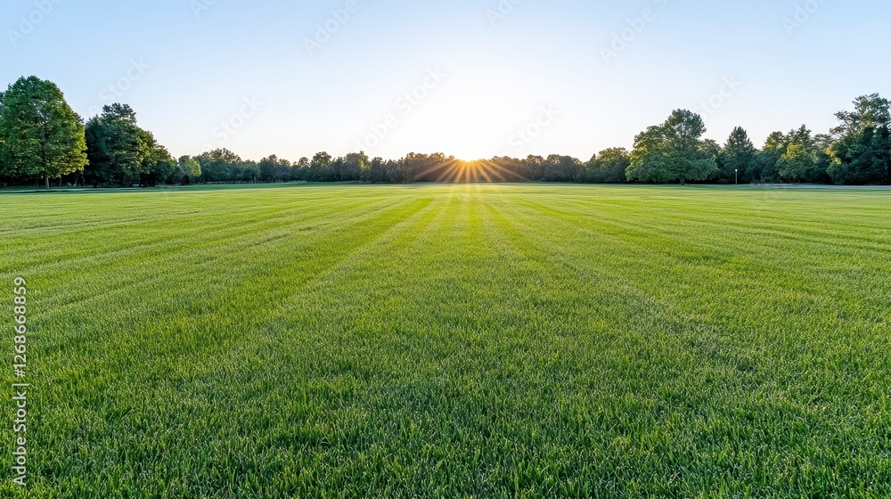 Fototapeta premium Expansive green field at sunrise, sun shining brightly in the background, creating a warm and peaceful atmosphere. Lush green grass covers the entire