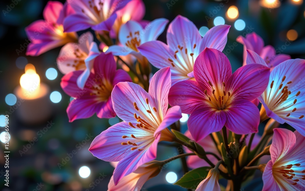 Fototapeta premium A stunning close-up of vibrant, glowing flowers in full bloom, illuminated with soft golden light.