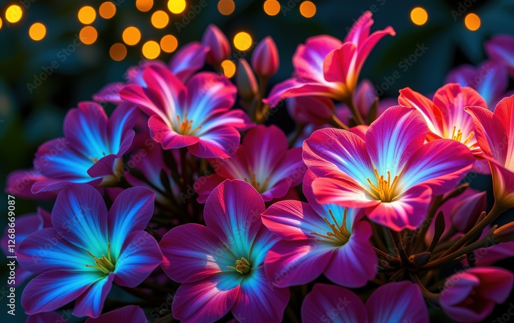 A stunning close-up of vibrant, glowing flowers in full bloom, illuminated with soft golden light. A stunning close-up of vibrant, glowing flowers in full bloom, illuminated with soft golden light.