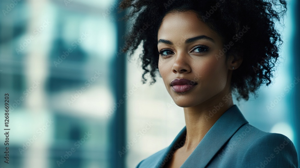 Fototapeta premium Confident black businesswoman exudes professionalism and leadership in a corporate setting.