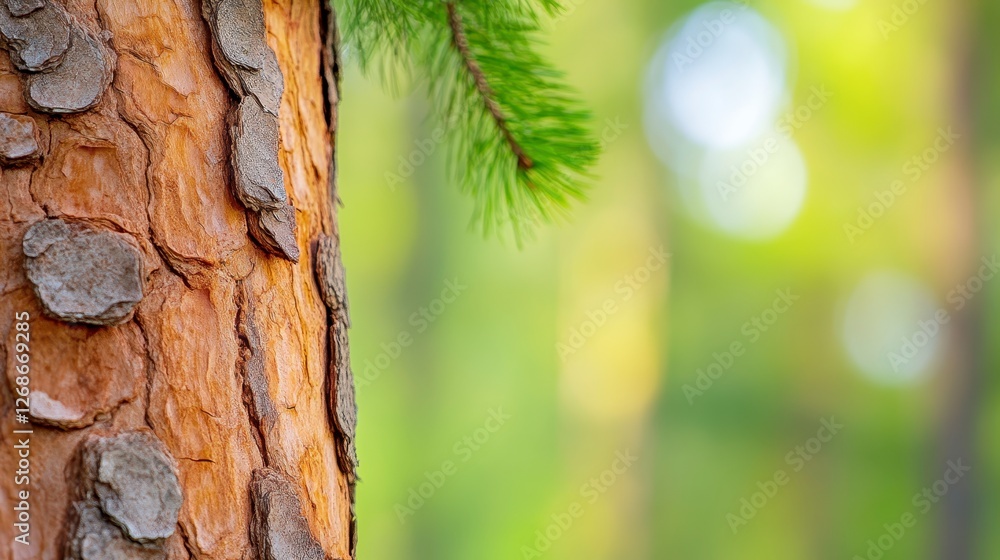 Fototapeta premium Close up of textured tree bark with a pine branch, blurred green forest background. Natural, detailed image with warm tones and shallow depth of
