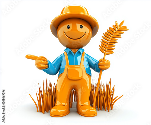Cheerful cartoon farmer character in a field with a golden wheat stalk during sunny daytime