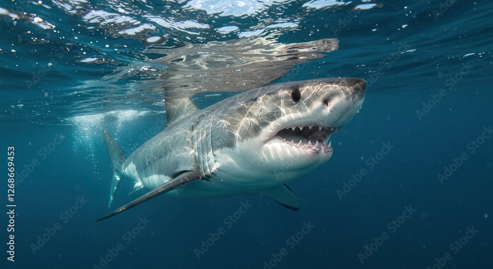 Fototapeta premium Great White Shark Swimming Underwater with Open Mouth Showing Teeth