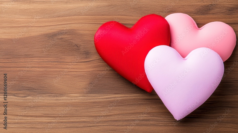 Three fabric heart shapes in red, light pink, and lavender tones are arranged on a rustic wooden surface. This image captures love and affection Three fabric heart shapes in red, light pink, and lavender tones are arranged on a rustic wooden surface. This image captures love and affection
