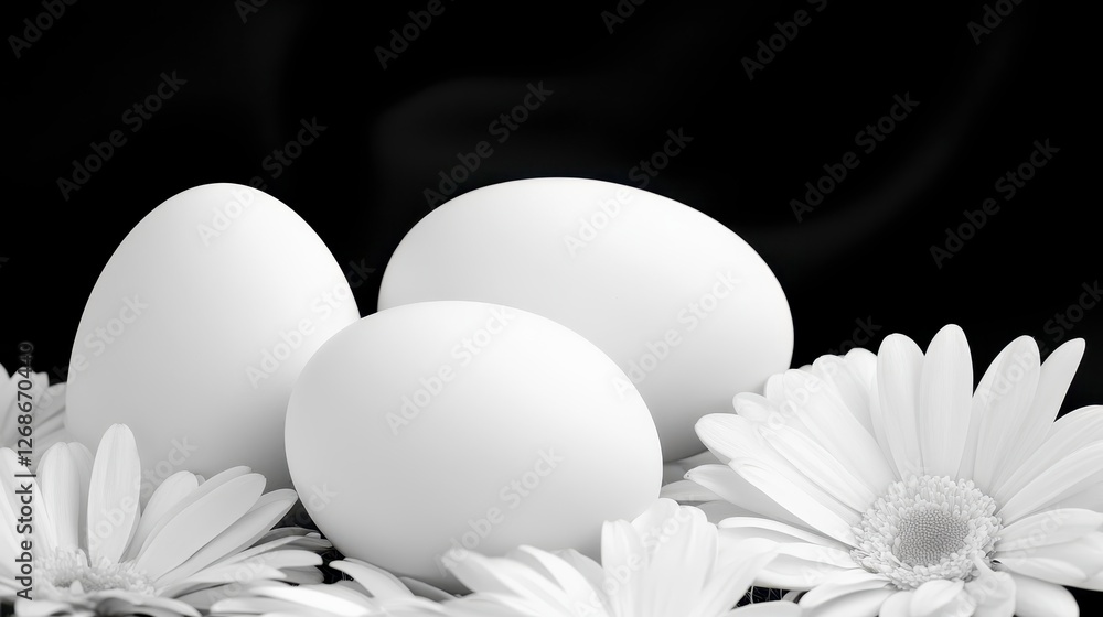 Obraz premium Monochromatic close up shot of three white eggs nestled amongst white flowers against a dark background. Soft lighting enhances the smooth texture of