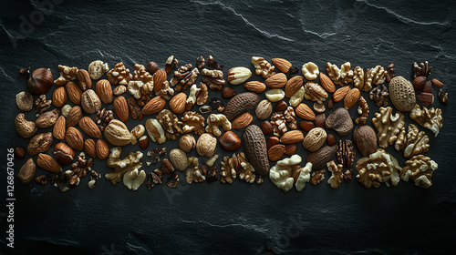 A variety of raw and roasted nuts artistically arranged