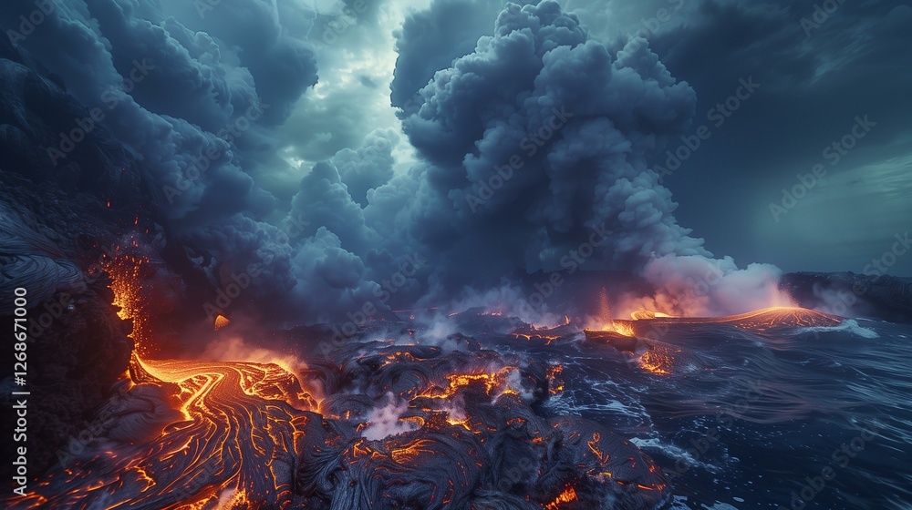 Spectacular Volcanic Eruption at Night with Dramatic Clouds and Ocean Waves Spectacular Volcanic Eruption at Night with Dramatic Clouds and Ocean Waves