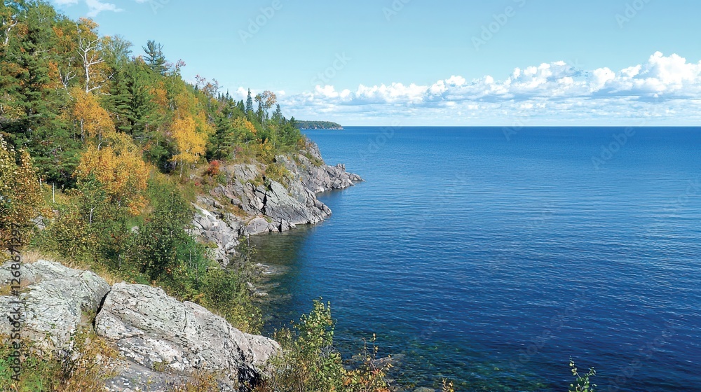 Serene Autumn Shoreline Rocky Coast Azure Water and Colorful Trees Serene Autumn Shoreline Rocky Coast Azure Water and Colorful Trees
