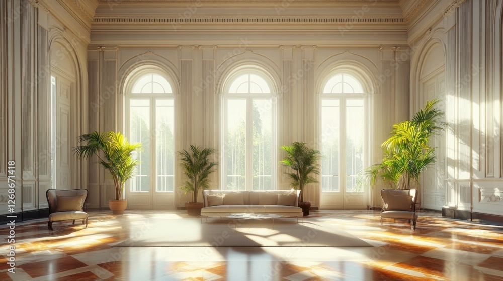 Fototapeta premium sunlit grand room with elegant furniture and lush greenery
